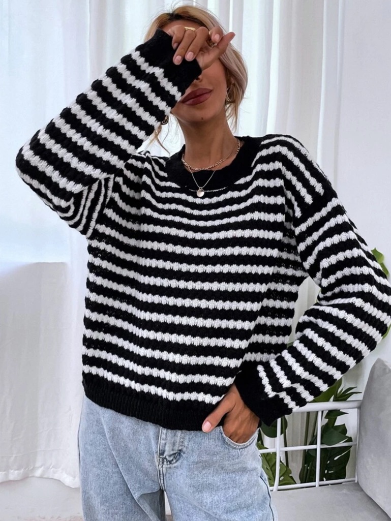 Shein Black And White Striped Crew Neck Sweater
